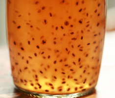 drink with basil seeds close-up